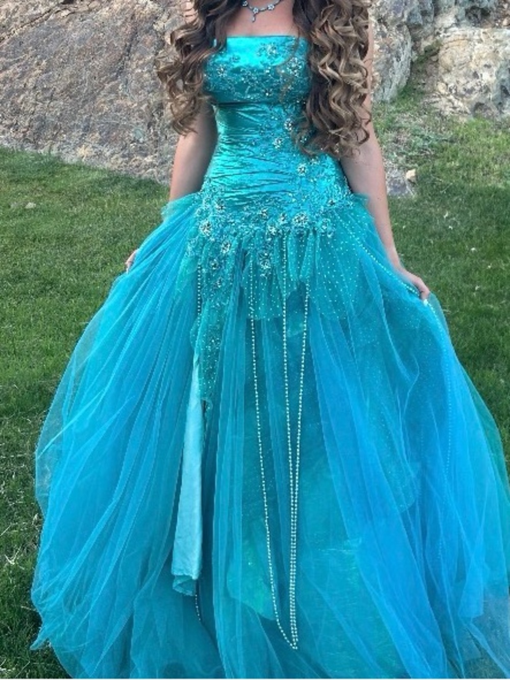 Alyce Designs Strapless Sequin Teal Embellished Prom Gown -READ DESCRIPTION-